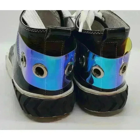 Black Leather Hi Top Sneakers Iridescent Eyelet & Heel D:fuse Scandinavia RARE - Picture 6 of 16